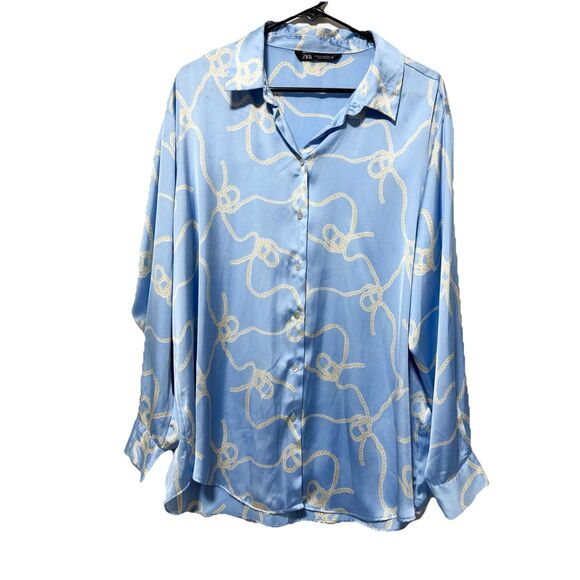 ZARA Blue Rope Print Satin Button Up Shirt XXL Long Sleeve Blouse Top - Picture 1 of 10